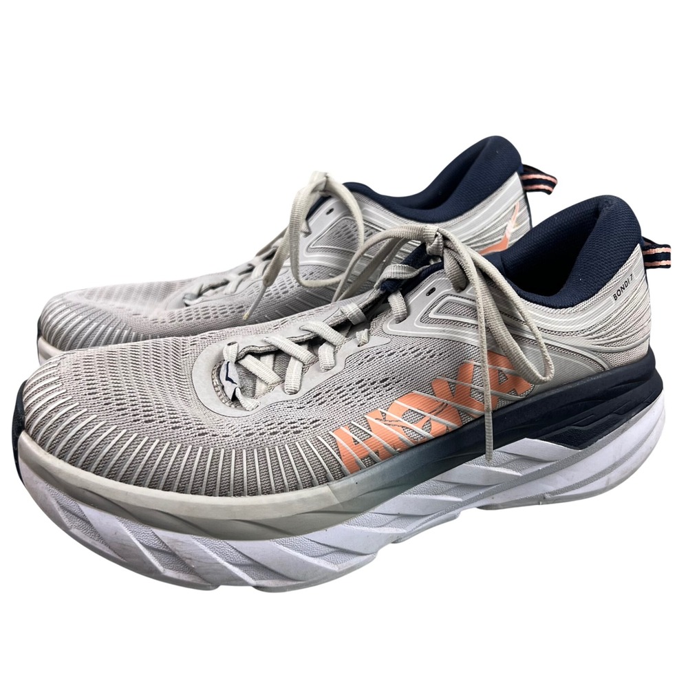Hoka One One Bondi 7 Womens Running Shoes Grey Navy Coral 9.5